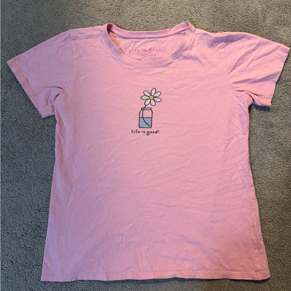 Life Is Good Light Pink Tee with Floral Design